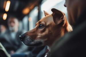 paciente perro en público tránsito un perro en su del propietario regazo en un ocupado tranvía ai generado foto