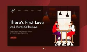 Landing page design with young boy and girl drinking coffee at cafe table on brown background. vector