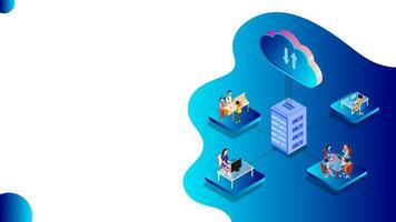 Cloud storage or data sharing concept based design, people working in different platforms and digital devices connected with local data server transfer from cloud server. vector