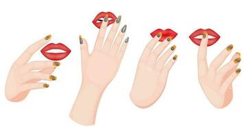 hembra manicura manos conmovedor labios en diferente estilo. vector