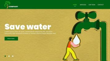 Illustration of man protecting water drop from faucet on yellow paper texture background for Save Water concept based landing page design. vector