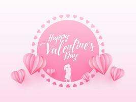 Happy Valentine's Day Font with Silhouette Romantic Couple and Pink Origami Paper Hearts Decorated Background. vector