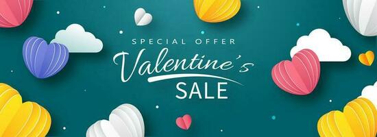 Valentine's Day Sale Header or Banner Design with Colorful Paper Cut Hearts and Clouds Decorated on Green Background. vector