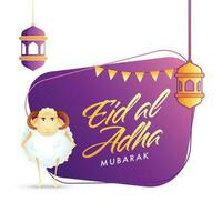 Eid al-Adha Mubarak fuente con dibujos animados oveja y colgando linternas en púrpura y blanco antecedentes. vector