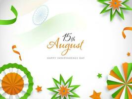 15th August Font with Indian Tricolor Paper Badge, Flowers and Stars Decorated on White Background for Happy Independence Day. vector