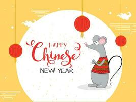 Happy Chinese New Year Text with Rat Cartoon and hanging Lanterns on Yellow and White Background. vector
