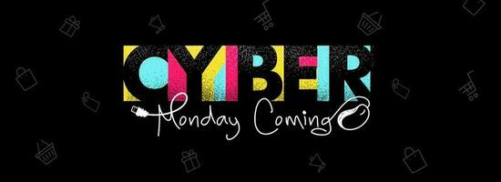 Colorful stylish text Cyber Monday Coming with wired mouse illustration on black shopping pattern background for Advertising concept. vector