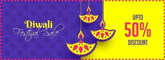 Diwali Festival Sale up to 50 discount offer, website header or banner design with creative oil lamps hang on yellow and purple background. vector