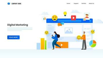 Digital Marketing concept based landing page design with man and woman using online social media elements. vector