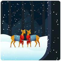 Illustration Of Two Reindeer Standing On Snowfall Forest Background. vector