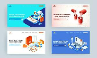 Set of landing page design with illustration of smartphone, laptop and medical elements for Never Miss Taking Your Medication. vector