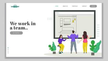 Business man and women working together on interior design for Teamwork concept based landing page design. vector