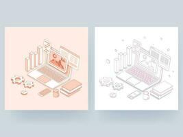 Line art illustration of Online info graphic presentation in laptop with multiple screen, smartphone, cogwheel and bar graph in two color background. vector