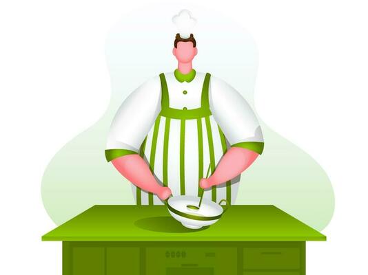 Faceless chef character holding cookware with ladle on kitchen table.