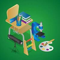 isométrica ilustración de educación elementos me gusta como colegio silla con libros, microscopio, telescopio, ábaco y dibujo cepillo en verde antecedentes. vector