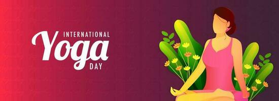 Website header or banner design for International Yoga Day. Cartoon character of a faceless woman doing meditation on red abstract background. vector