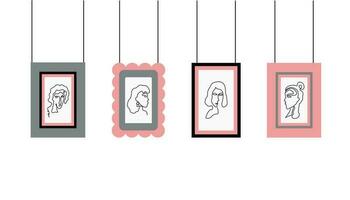 Photo frames . Portrait. Set of simple vector frames. Gallery, space for photo and text. Portrait line art,  people, women in photoramas.