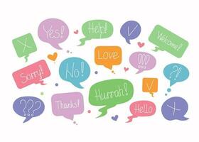 Short phrases in speech bubbles, set. Online chat clouds with text, words, comments, emotions. Informational forms. Suitable for illustrating reactions. Vector illustration, doodle with text.