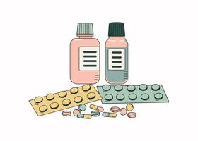 A set of drugs, pills. Bottles and blisters. Vitamins. Treatment, Medicine. Vector illustration.