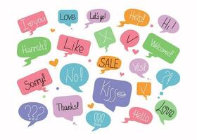 Short phrases in speech bubbles, set. Online chat clouds with text, words, comments, emotions. Informational forms. Suitable for illustrating reactions. Vector illustration, doodle with text.