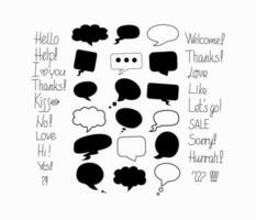 Speech bubbles, text cloud. Short phrases. Calligraphy, handwritten text.  Vector illustration on isolated background.