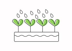 Growing plants. Sprouts in a  box. Plant care. Outline, line drawing. Doodle style. Vector graphics.