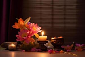 A buddha sits in a garden with a lotus and candles. Background for vesak festival celebration. Vesak day concept. Vesak celebration day greetings by photo