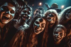 adolescentes amigos en disfraces celebrando y teniendo divertido a Víspera de Todos los Santos fiesta. joven personas a disfraces fiesta Víspera de Todos los Santos celebracion concepto por ai generado foto