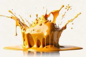 A delicious melting cheese splash in a realistic style. Hot cheese or cheddar splash. Tasty cheese liquid splash. Cheese sauce crown splash. For italian food, world cheese day, dessert by photo