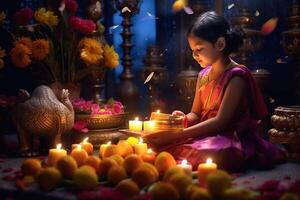 A young buddha sits in a garden with a lotus and candles. Background for vesak festival celebration. Vesak day concept. Vesak celebration day greetings by photo