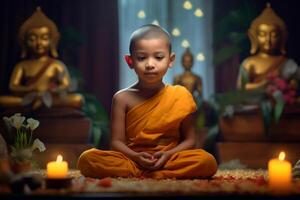 A young buddha sits in a garden with a lotus and candles. Background for vesak festival celebration. Vesak day concept. Vesak celebration day greetings by photo