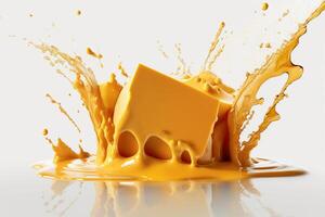 A delicious melting cheese splash in a realistic style. Hot cheese or cheddar splash. Tasty cheese liquid splash. Cheese sauce crown splash. For italian food, world cheese day, dessert by photo