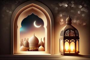 A windows depicts an islamic mosque at night with moon and lentern. In style of islamic city. Arched doorways. Eid al fitr background of window. Ramadan islamic lantern on a table by photo