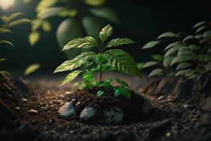 planta creciente en granja suelo o bosque con luz de sol a tiempo de día. joven planta es creciente. mundo tierra día. mundo ambiente día. tierra conservación, ecología o global calentamiento por ai generado foto