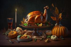 Thanksgiving day meal with pie, pumpkin, oranges, or roasted chicken in oven form. Flat lay assortment with delicious thanksgiving food. Happy thanksgiving day concept by photo