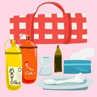 verano vacaciones picnic. viaje accesorios para picnic. plano vector ilustración mano dibujado acortar Arte