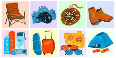 Holiday travel thing about summer vacation stuff to the mountain hiking camping outdoor. Flat vector illustration