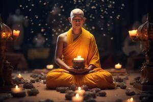 un Buda se sienta en un jardín con un loto y velas antecedentes para vesak festival celebracion. vesak día concepto. vesak celebracion día saludos por ai generado foto