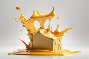 A delicious melting cheese splash in a realistic style. Hot cheese or cheddar splash. Tasty cheese liquid splash. Cheese sauce crown splash. For italian food, world cheese day, dessert by photo