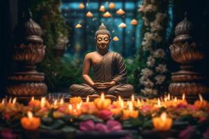 A buddha sits in a garden with a lotus and candles. Background for vesak festival celebration. Vesak day concept. Vesak celebration day greetings by photo