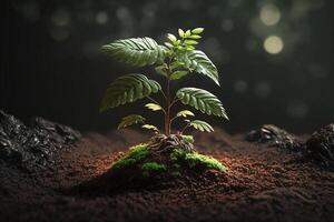 planta creciente en granja suelo o bosque con luz de sol a tiempo de día. joven planta es creciente. mundo tierra día. mundo ambiente día. tierra conservación, ecología o global calentamiento por ai generado foto