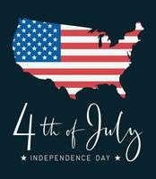 4th of July, United Stated Independence day text Banner with USA Flag in map shape on dark background. American national holiday. Hand drawn lettering typography design. Vector poster