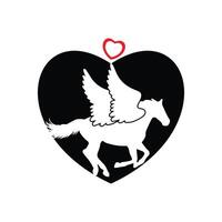 Horse running icon vector illustration with shape of heart and flying horse with wings unique design.