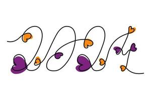 2024 Handwritten lettering in one solid line with hearts in trendy Halloween hues. Line art. Isolate vector