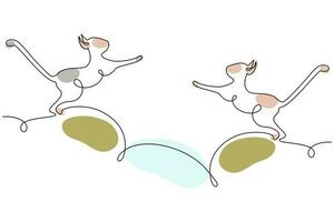 2 cats jumping towards each other drawn by one continuous line and spots in trendy shades. Vector. vector