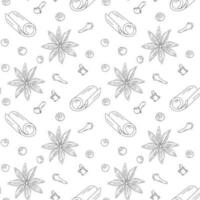 Seamless pattern hand drawn spices for mulled wine. Cinnamon stick, cloves, star anise and allspice. vector