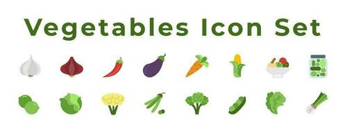 vegetales icono conjunto incluir cebollas, ajo, maíz, berenjena, repollo, chile, brócoli, zanahorias y guisantes, verduras icono conjunto paquete vector eps archivo