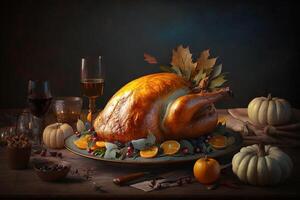 Thanksgiving day meal with pie, pumpkin, oranges, or roasted chicken in oven form. Flat lay assortment with delicious thanksgiving food. Happy thanksgiving day concept by AI Generated photo