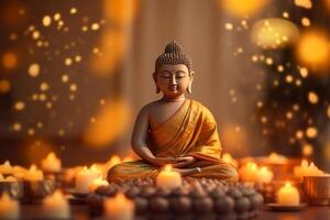 A buddha sits in a garden with a lotus and candles. Background for vesak festival celebration. Vesak day concept. Vesak celebration day greetings by photo