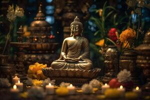 A buddha sits in a garden with a lotus and candles. Background for vesak festival celebration. Vesak day concept. Vesak celebration day greetings by photo